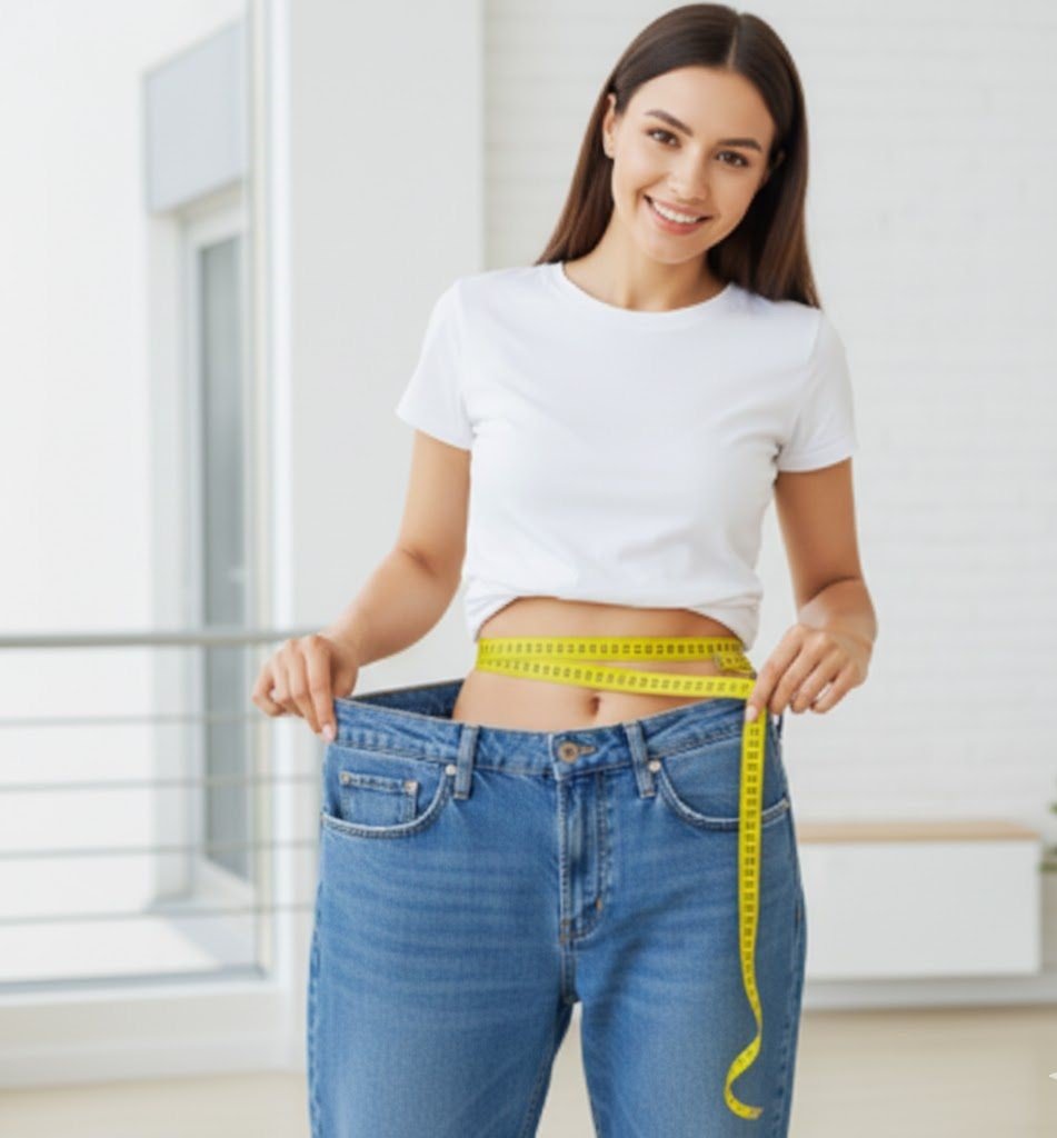 Woman measuring waist with tape